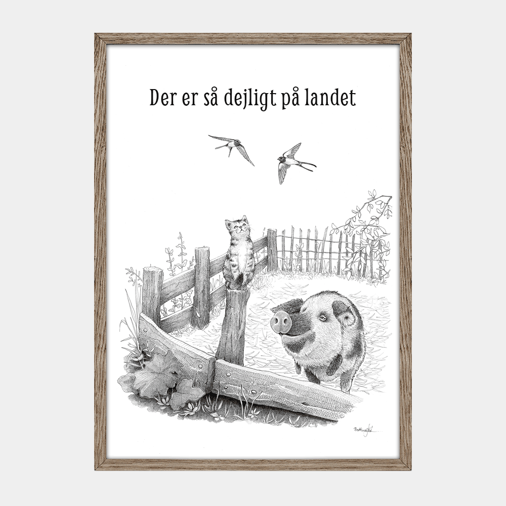 Håndtegnet sort-hvid illustration af en kat på en hegnspæl, en sortplettet gris og to svaler i et roligt bondegårdsmiljø.