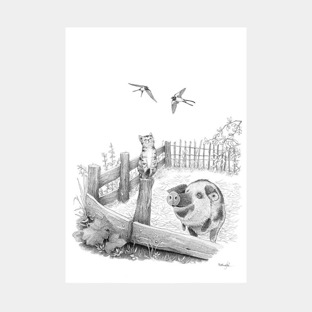 Håndtegnet sort-hvid illustration af en kat på en hegnspæl, en sortplettet gris og to svaler i et roligt bondegårdsmiljø.