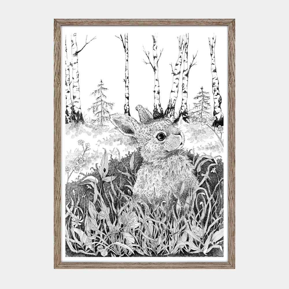 Børneplakat med lille hare til både dreng og pige. Tegnet i hånden af Bettina Lehmann.