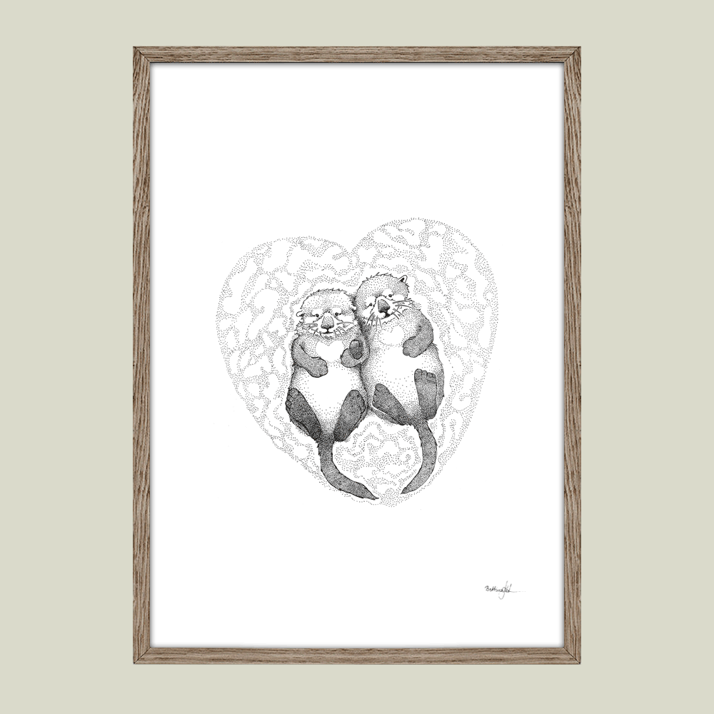 Håndtegnet sort-hvid plakat med to havoddere i hjerte – symbol på kærlighed, tryghed og samhørighed.