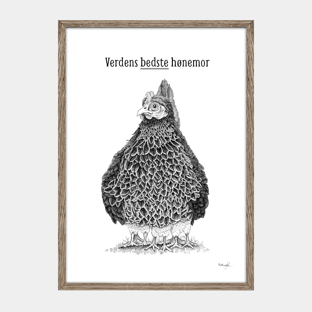 Håndtegnet sort-hvid illustration af en høne, hvor kyllingerne samler sig under hende i en tæt klynge. Et varmt og trygt bondegårdsmotiv.
