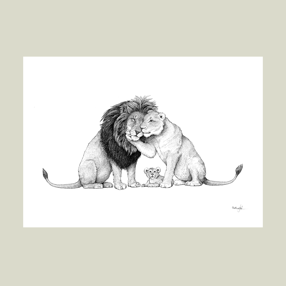 Håndtegnet familieplakat med løver – mor, far og unge som symbol på kærlighed, styrke og samhørighed.