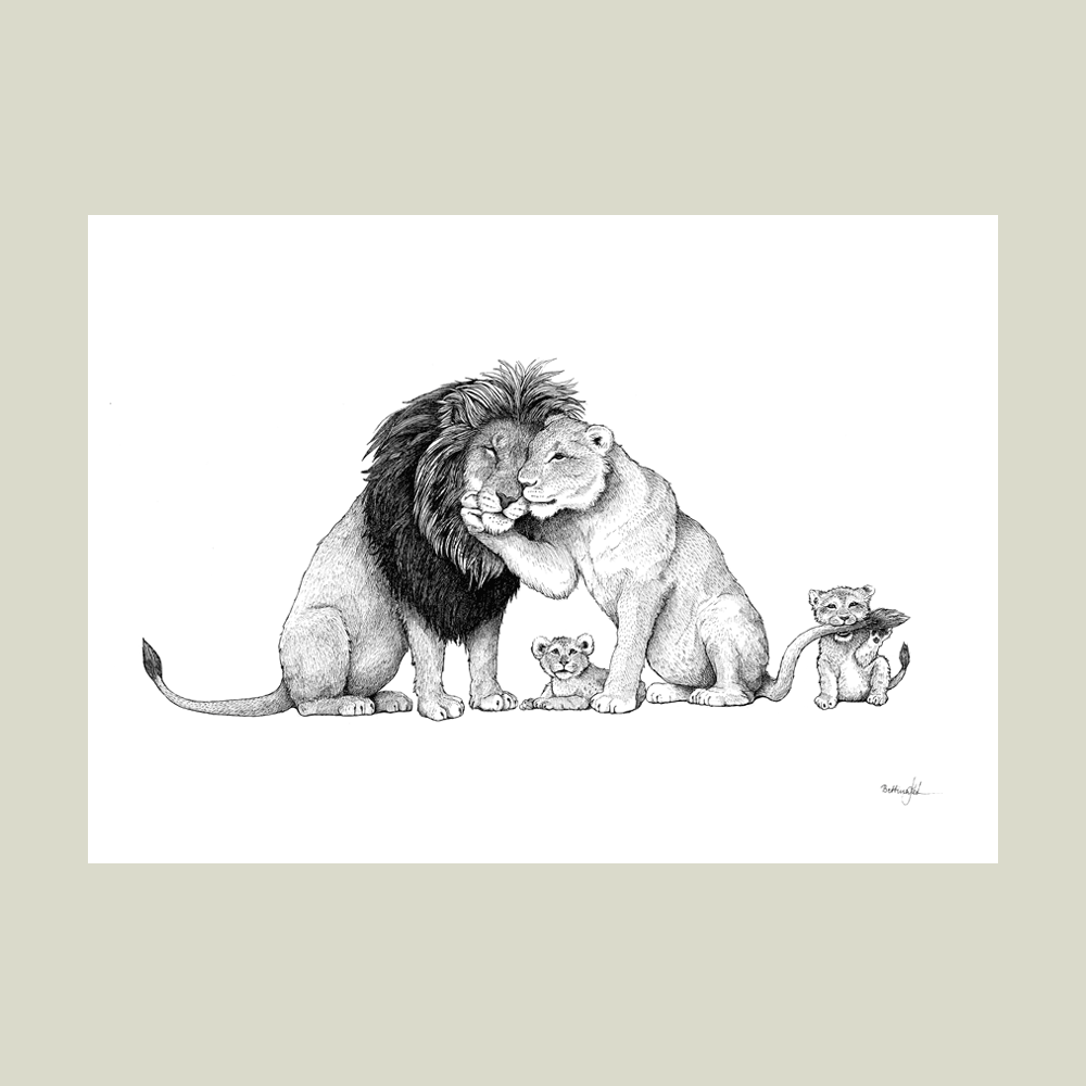 Håndtegnet familieplakat med løver – mor, far og unge som symbol på kærlighed, styrke og samhørighed.