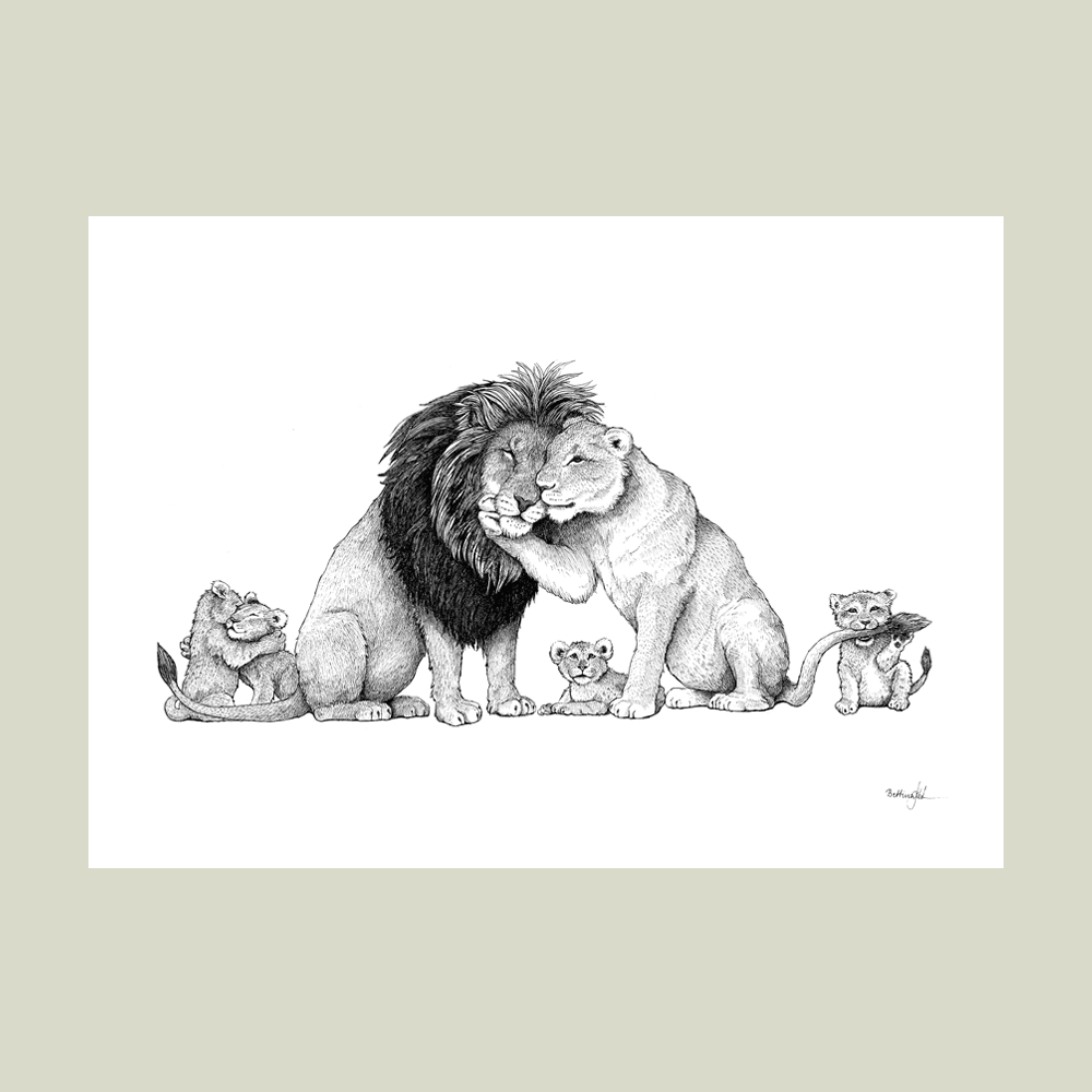 Håndtegnet familieplakat med løver – mor, far og unge som symbol på kærlighed, styrke og samhørighed.