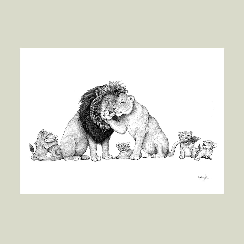 Håndtegnet familieplakat med løver – mor, far og unge som symbol på kærlighed, styrke og samhørighed.