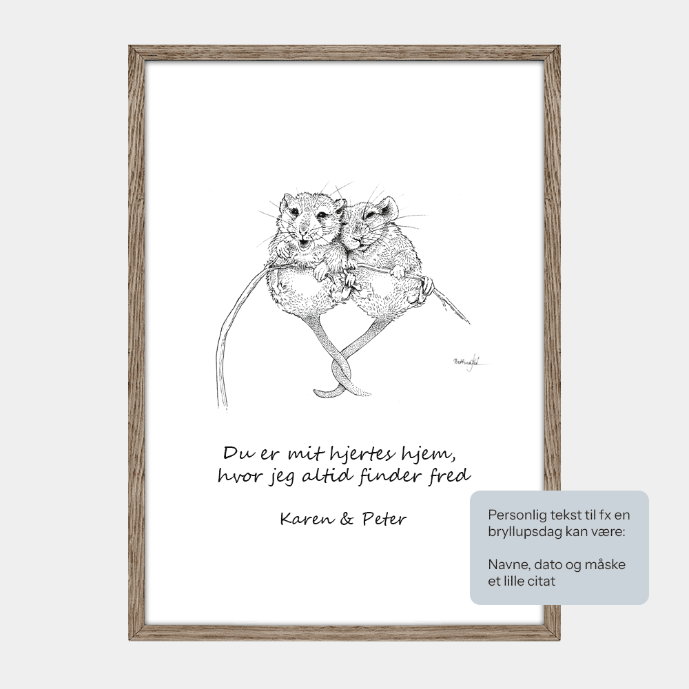 Personlig plakat med to mus sammen, eksempeltekst 'Du er mit hjertes hjem' og navne.