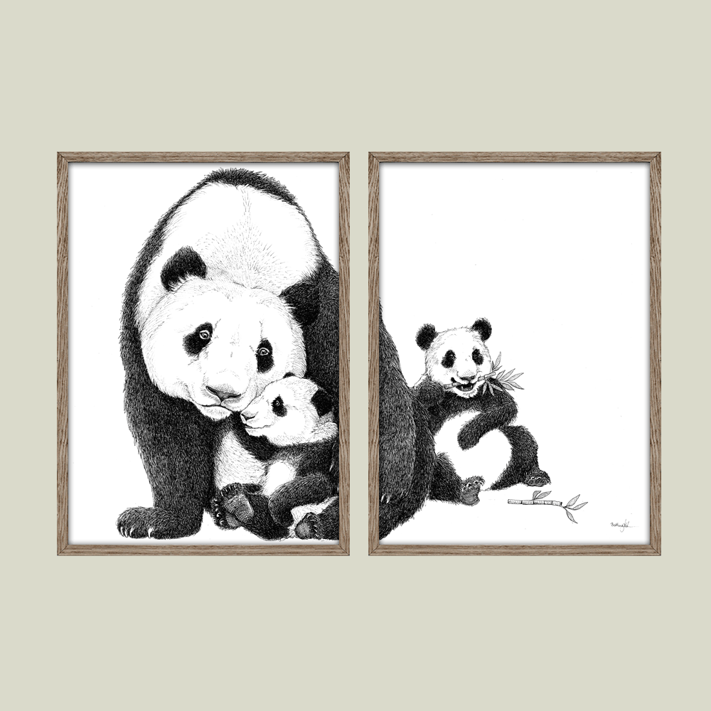 Håndtegnet familieplakat med pandaer – forældre og unger i et roligt motiv, der symboliserer kærlighed, nærvær og tryghed.