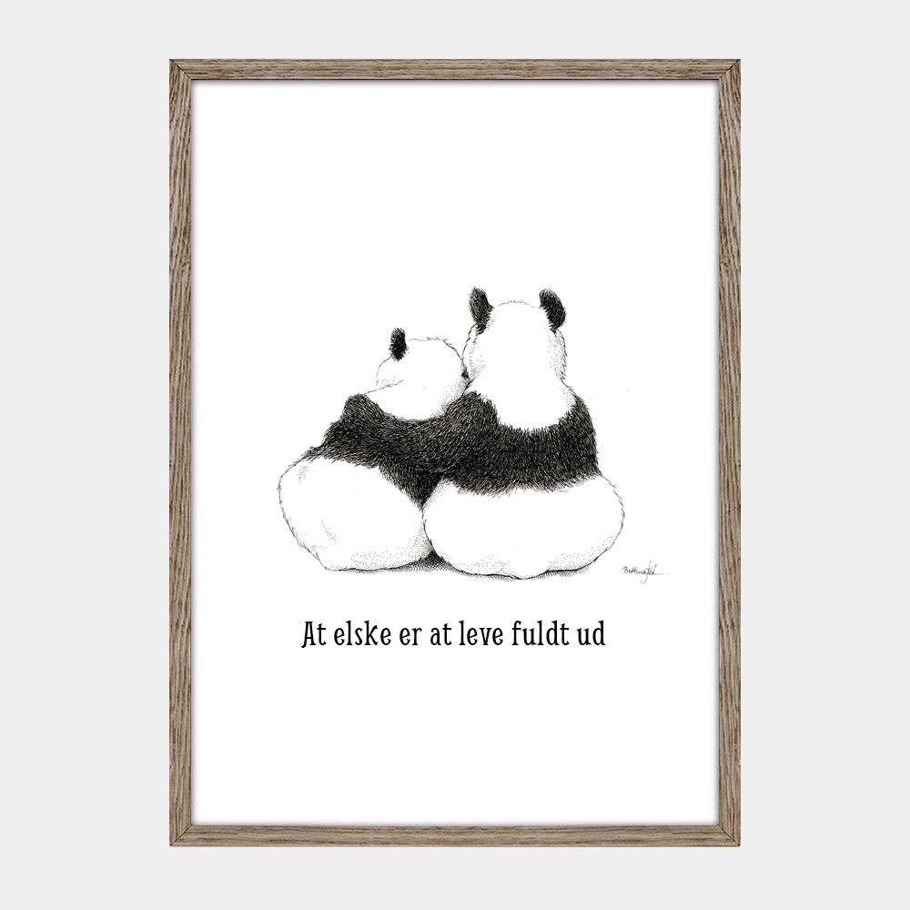 Håndtegnet sort-hvid plakat med to pandaer, der sidder tæt – symbol på kærlighed og nærvær.