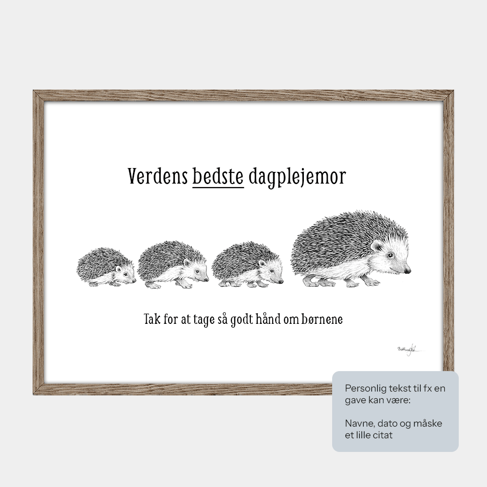 Håndtegnet plakat med pindsvinefamilie – naturmotiv fra serien I haven og skoven