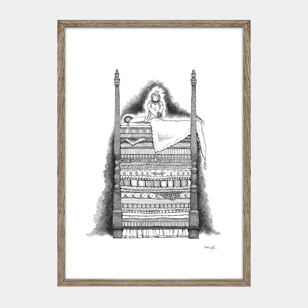 Plakat Prinsessen på ærten, håndtegnet illustration, fra H.C. Andersens eventyr, egetræsramme. Dansk kunstner