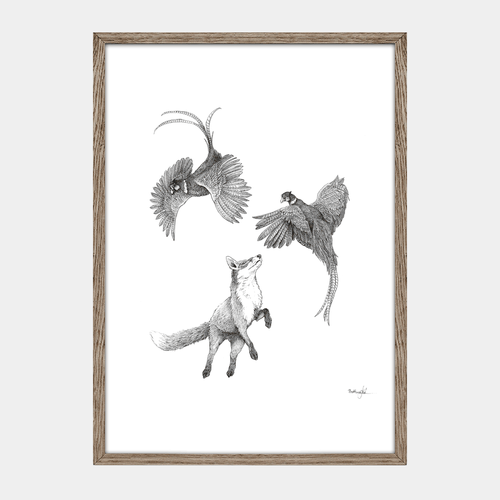Håndtegnet plakat med ræv og fasaner i bevægelse. Et naturmotiv fra serien “I haven og skoven”, trykt i Danmark på kunstpapir – dansk design med sjæl og styrke.