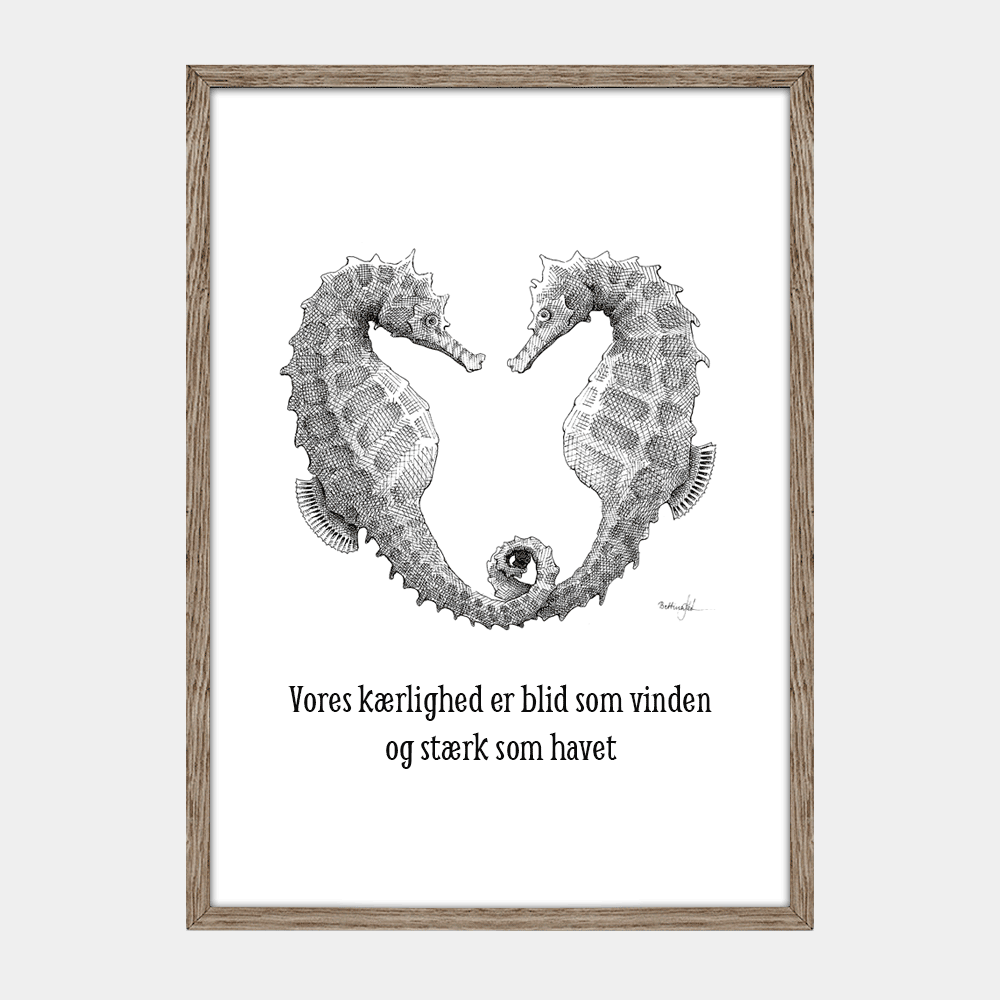 Håndtegnet sort-hvid plakat med to søheste i hjerte – symbol på kærlighed og loyalitet.