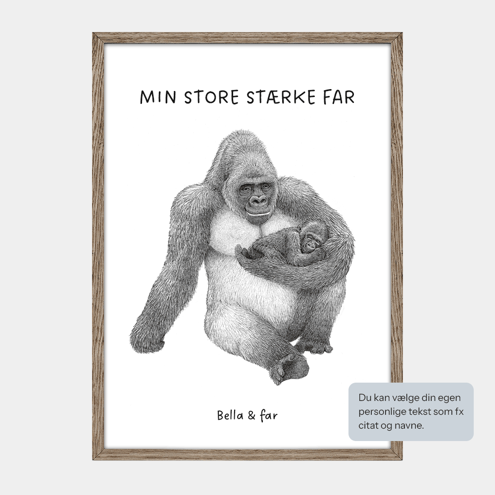 Plakat med personlig tekst og gorillafar og unge. Eksempeltekst 'Min store stærke far' og navne. Håndtegnet illustration af Bettina Lehmann