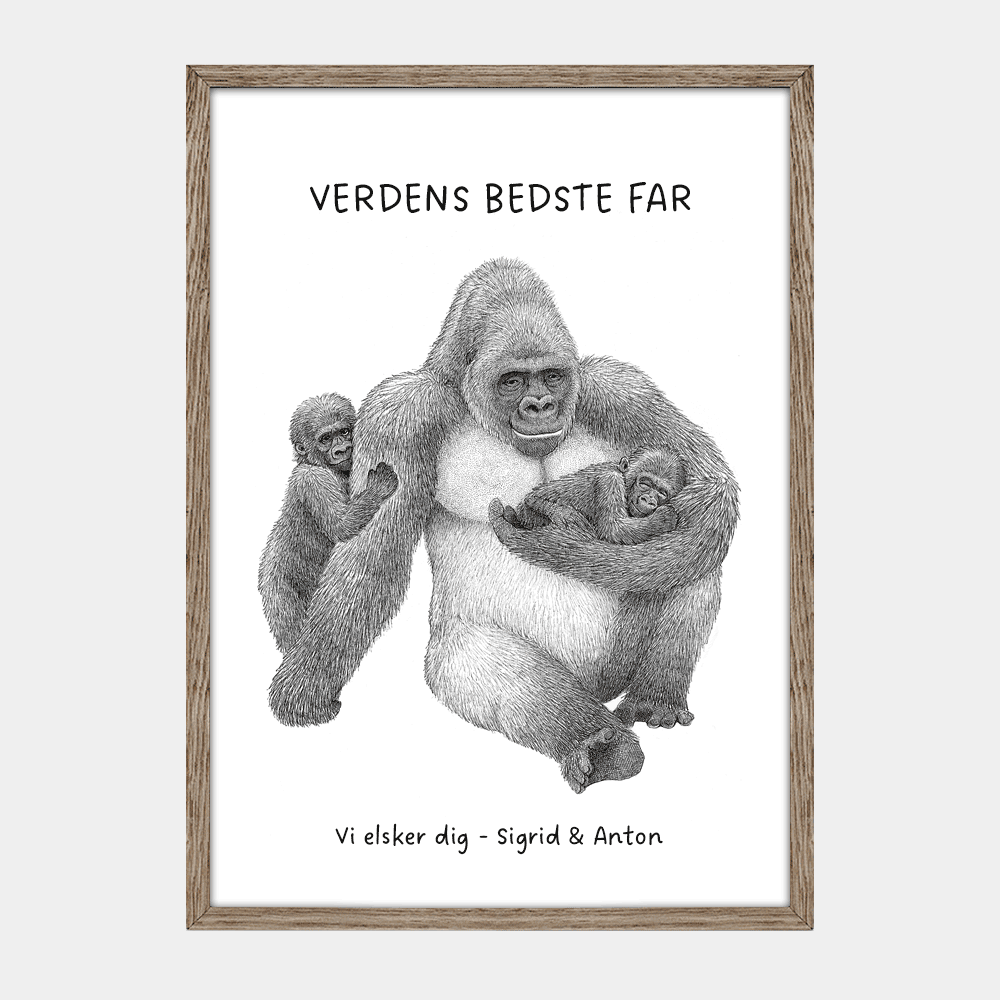 Plakat med personlig tekst og gorillafar og unger. Eksempeltekst 'Verdens bedste far' og navne. Håndtegnet illustration af Bettina Lehmann