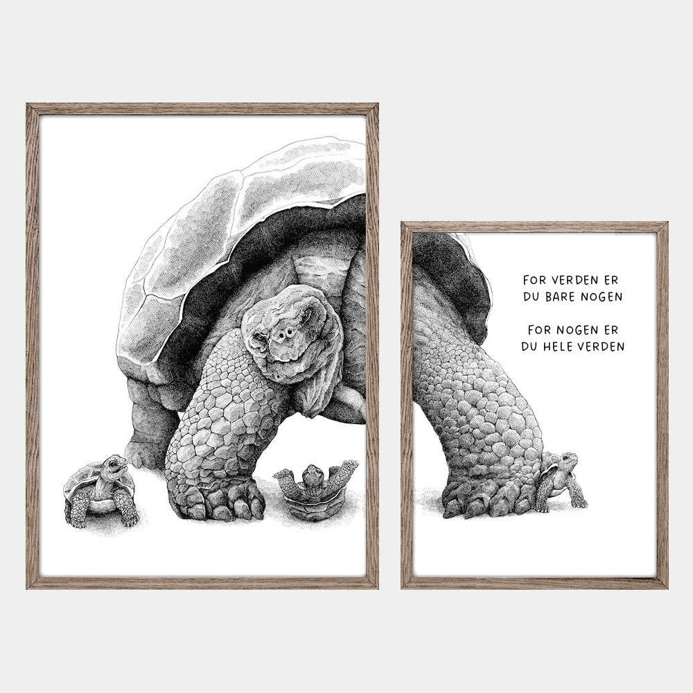 Plakat til far med personlig tekst og skildpadder. Eksempeltekst 'For verden er du bare nogen. For os er du hele verden'. Håndtegnet illustration af Bettina Lehmann