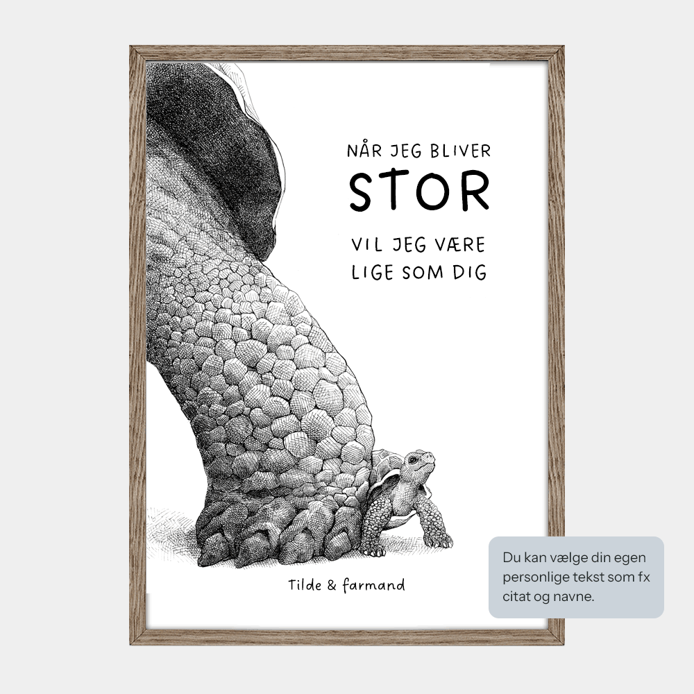 Plakat med personlig tekst og skildpadde og unge. Eksempeltekst 'Når jeg bliver stor...' og navne. Håndtegnet illustration af Bettina Lehmann