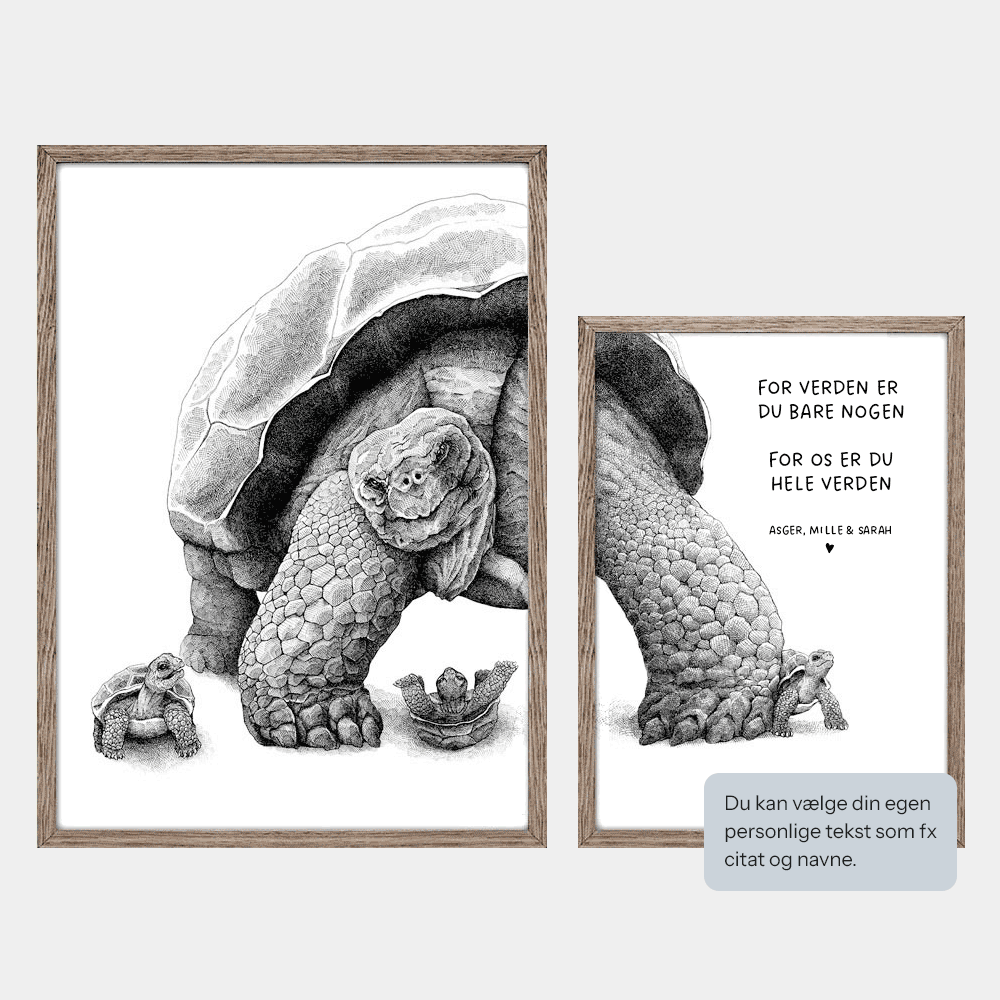 Plakat med personlig tekst og skildpadder. Eksempeltekst 'For verden er du bare nogen. For os er du hele verden' og navne. Håndtegnet illustration af Bettina Lehmann