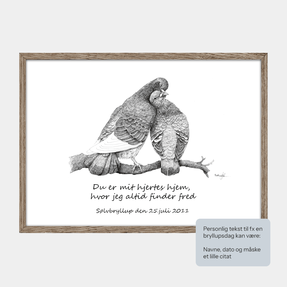 Personlig plakat med to turtelduer, eksempeltekst 'Du er mit hjertes hjem'.