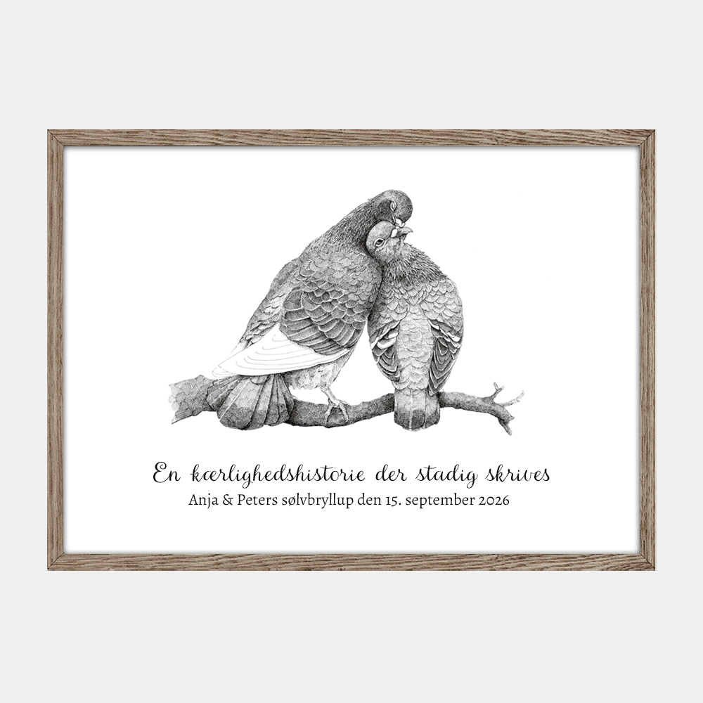 Personlig plakat med to turtelduer, eksempel på tekst 'Anja & Peter - Sølvbryllup'. Tegnet af Bettina Lehmann