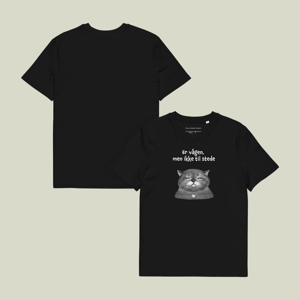 T-shirt med citat og kat – Er vågen, men ikke til stede