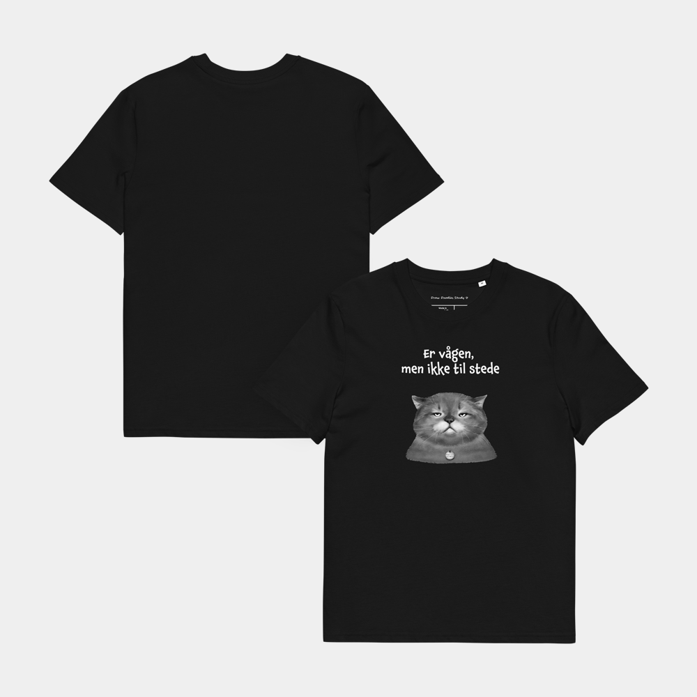 T-shirt med citat og kat – Er vågen, men ikke til stede