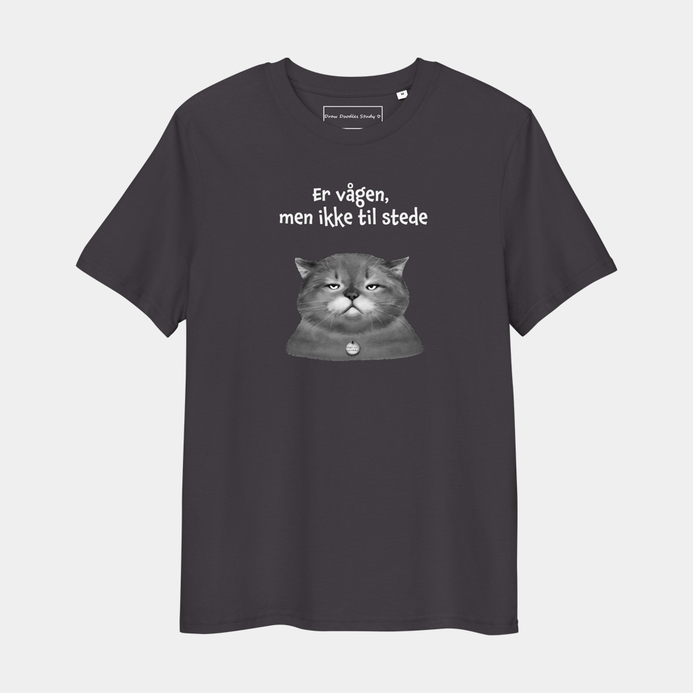 T-shirt med citat og kat – Er vågen, men ikke til stede
