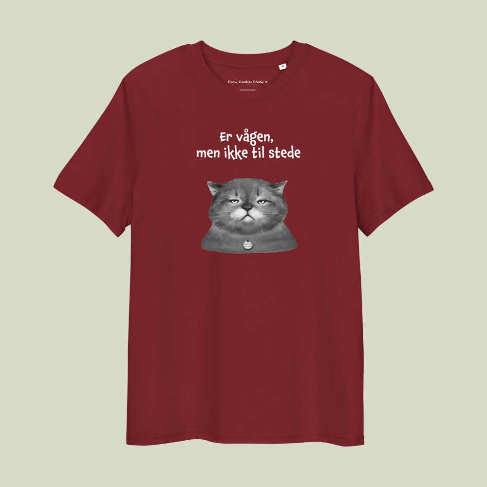 T-shirt med citat og kat – Er vågen, men ikke til stede