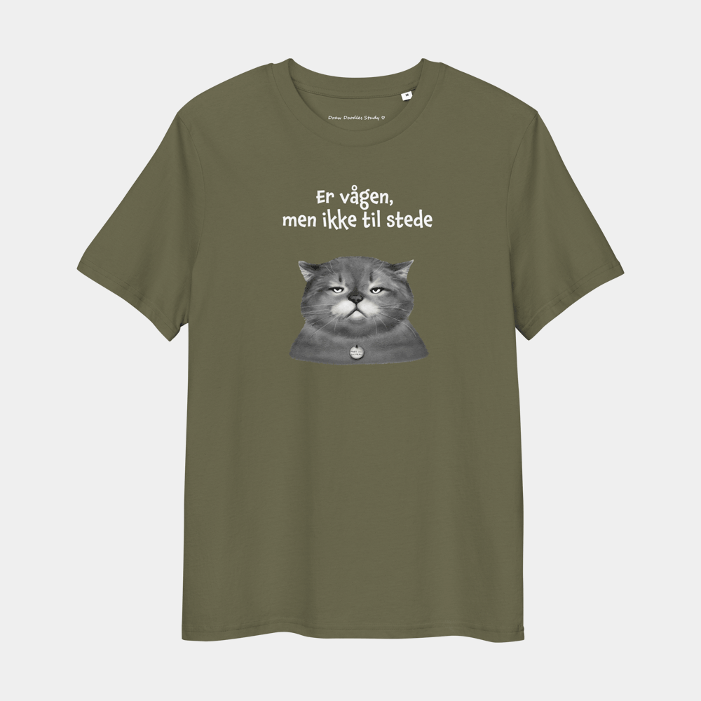 T-shirt med citat og kat – Er vågen, men ikke til stede