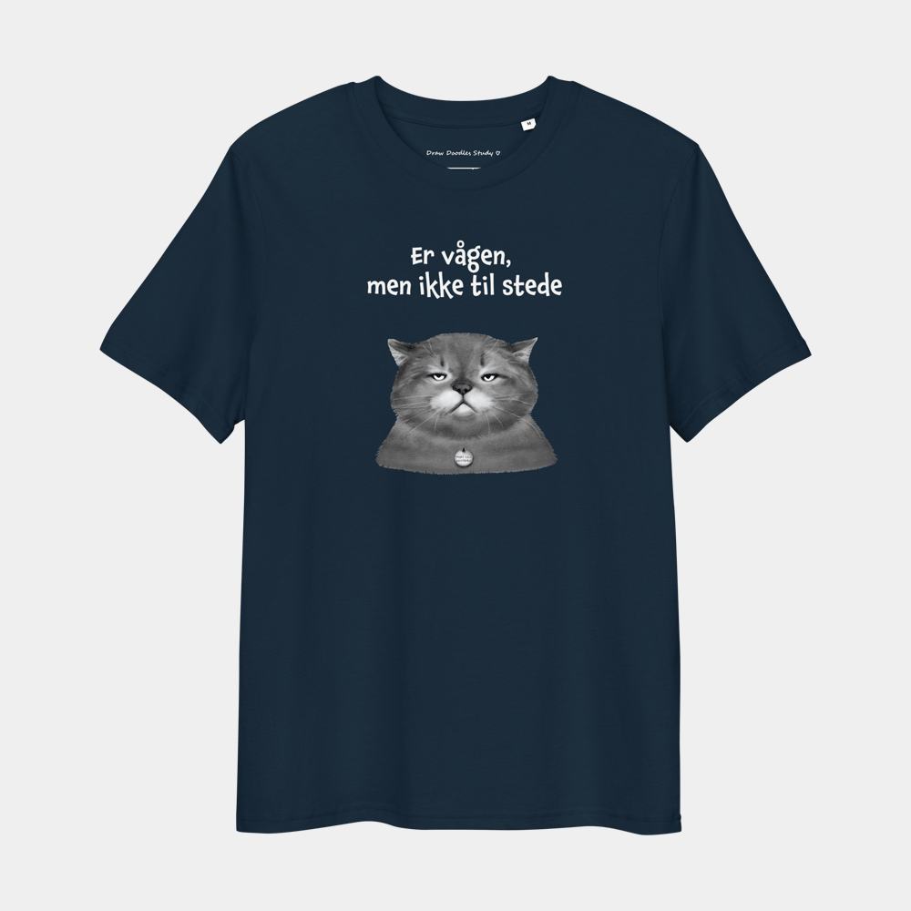T-shirt med citat og kat – Er vågen, men ikke til stede