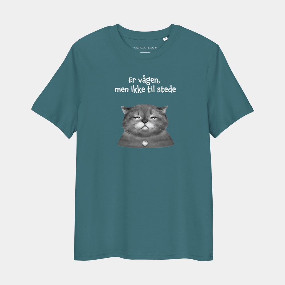 T-shirt med citat og kat – Er vågen, men ikke til stede