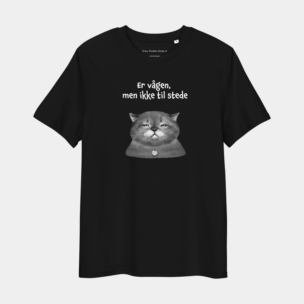 T-shirt med citat og kat – Er vågen, men ikke til stede