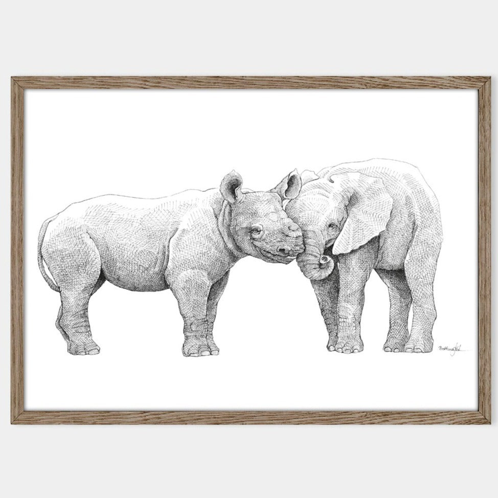 Plakat med næsehorn og elefant. Bedste venner