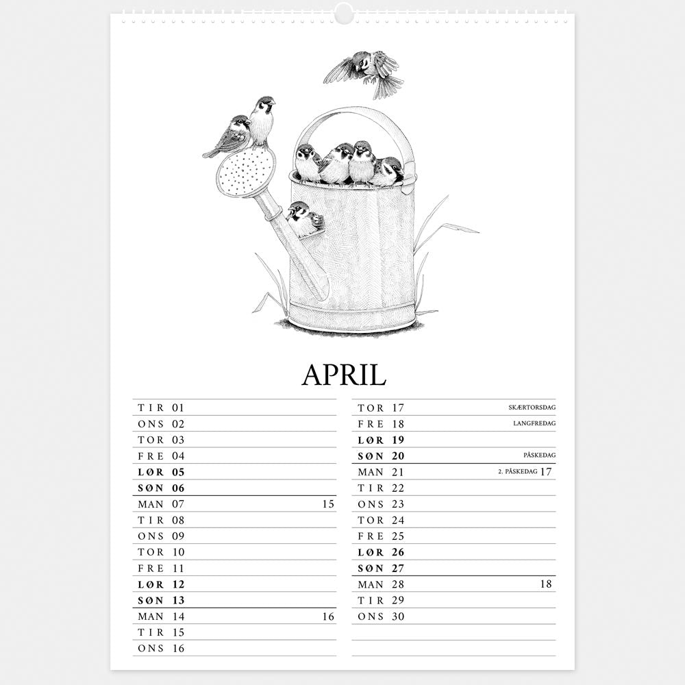 2025 kalender- Havens fugle. April med skovspurve