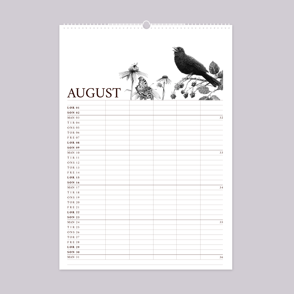 2026 familiekalender med vild have tema. Juli er med solsort, brombær, brumbasse og sommerfugle.