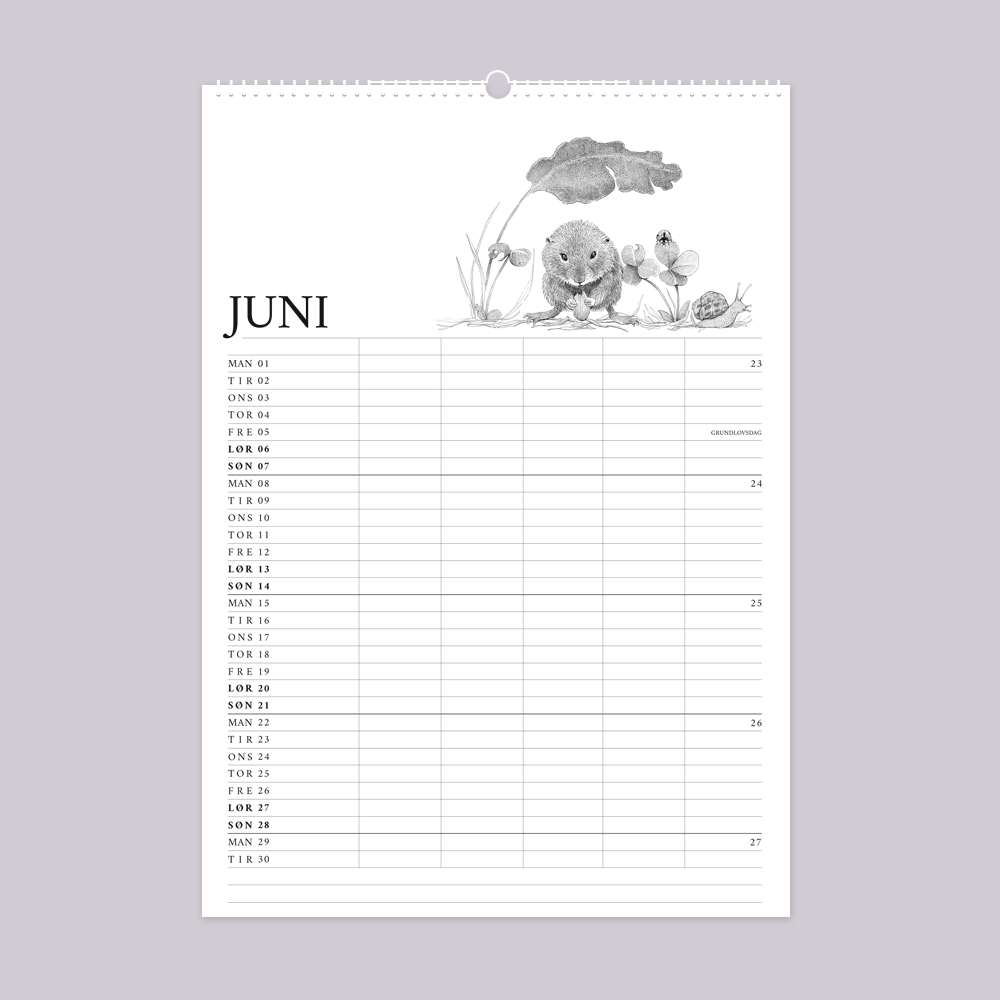2026 familiekalender med vild have tema. Juni er med mariehøne og snegl.