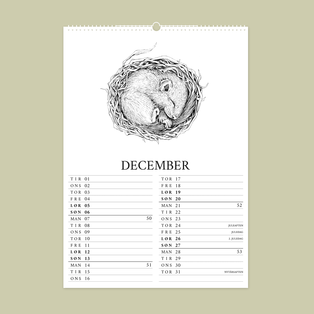 2026 kalender med dyr fra den danske natur. December er med hasselmus.