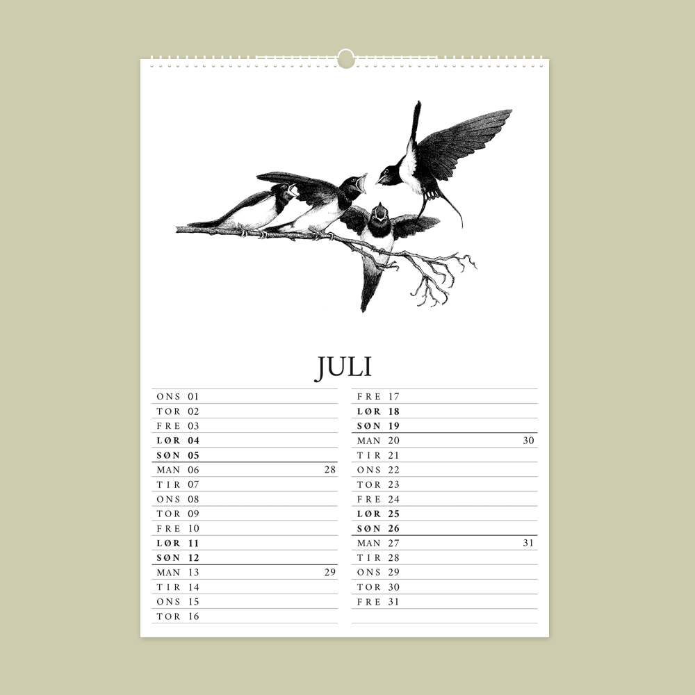 2026 kalender med dyr fra den danske natur. Juli er med svaler.