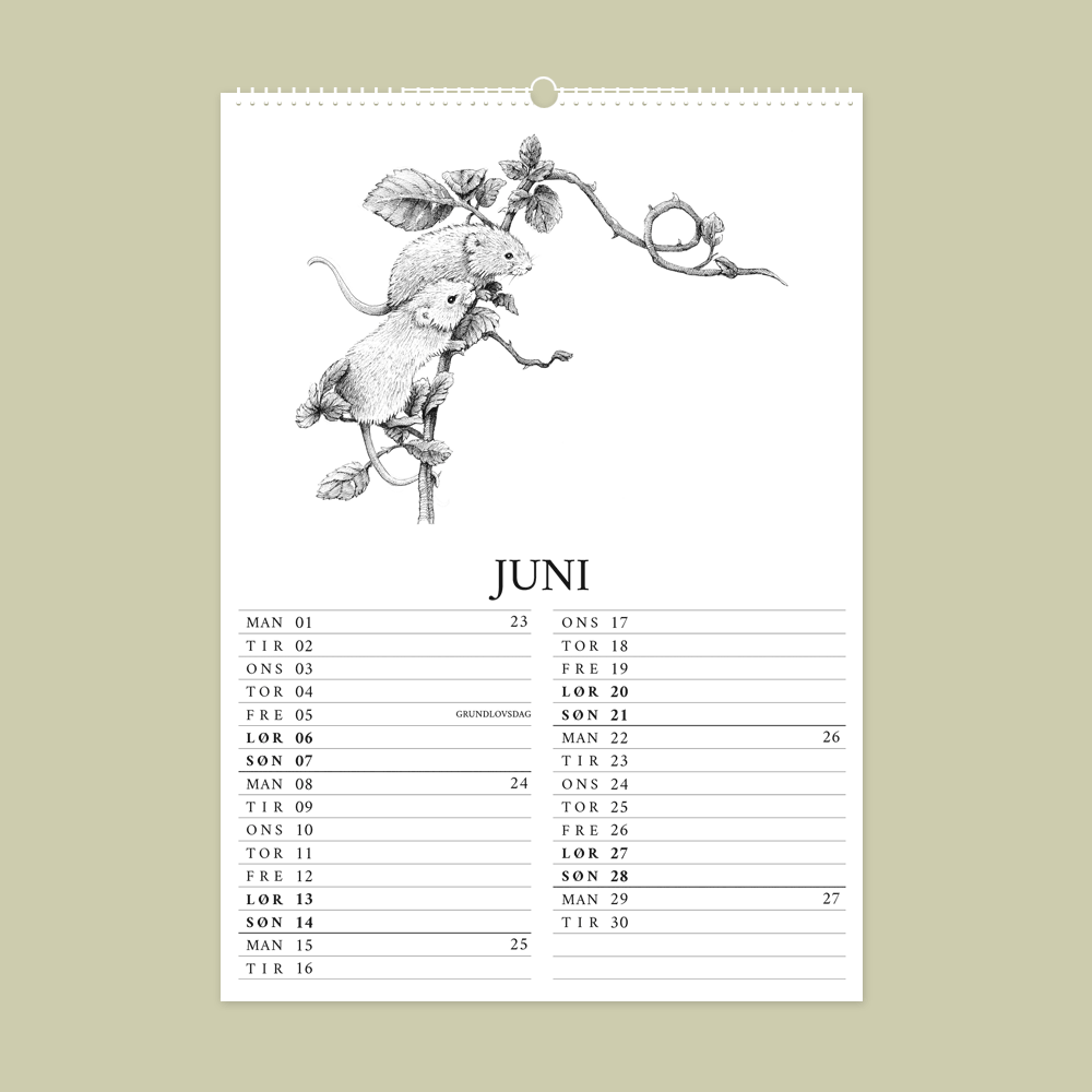 2026 kalender med dyr fra den danske natur. Juni er med markmus.