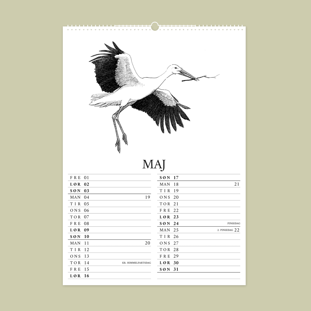 2026 kalender med dyr fra den danske natur. Maj er med stork.