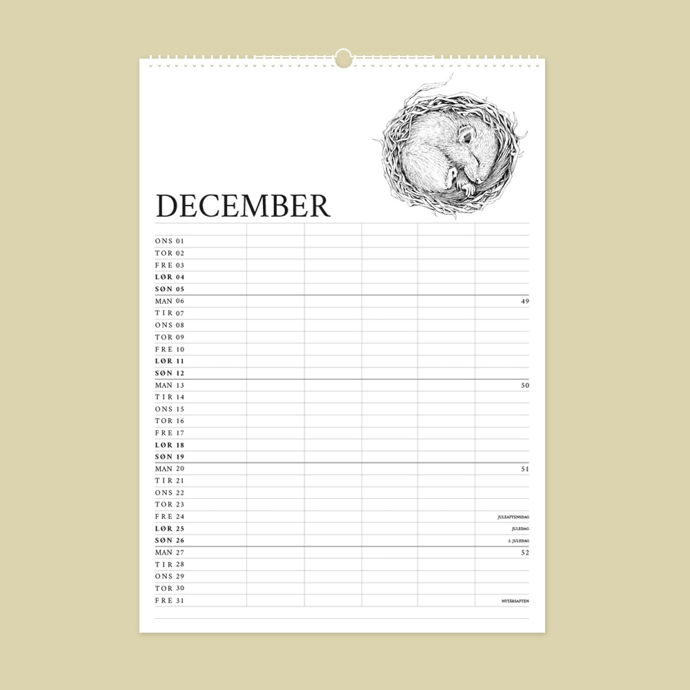 2027 familiekalender. Dyr fra den danske natur. 12 håndtegnede illustrationer af Bettina Lehmann. Hasselmus i december