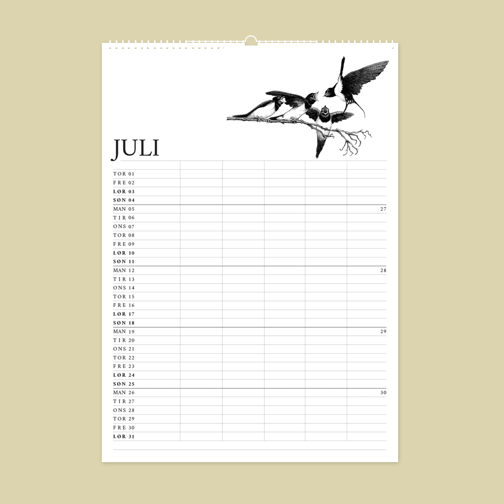 2027 familiekalender. Dyr fra den danske natur. 12 håndtegnede illustrationer af Bettina Lehmann. Svaler i juli