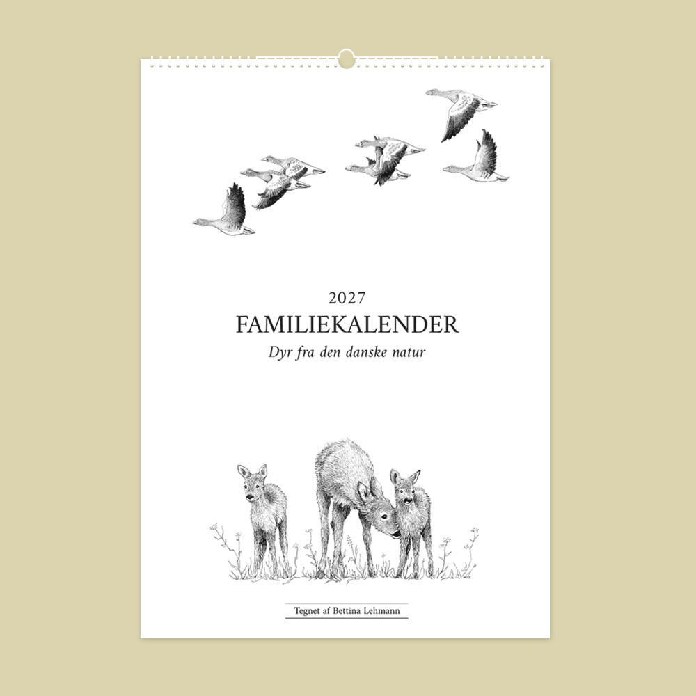 2027 familiekalender. Dyr fra den danske natur. 12 håndtegnede illustrationer af Bettina Lehmann. 6 kolonner