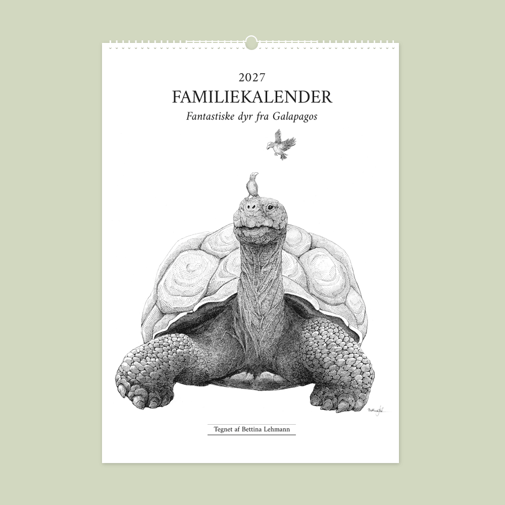 2027 familiekalender. Galapagos. 12 håndtegnede illustrationer af Bettina Lehmann. 6 kolonner