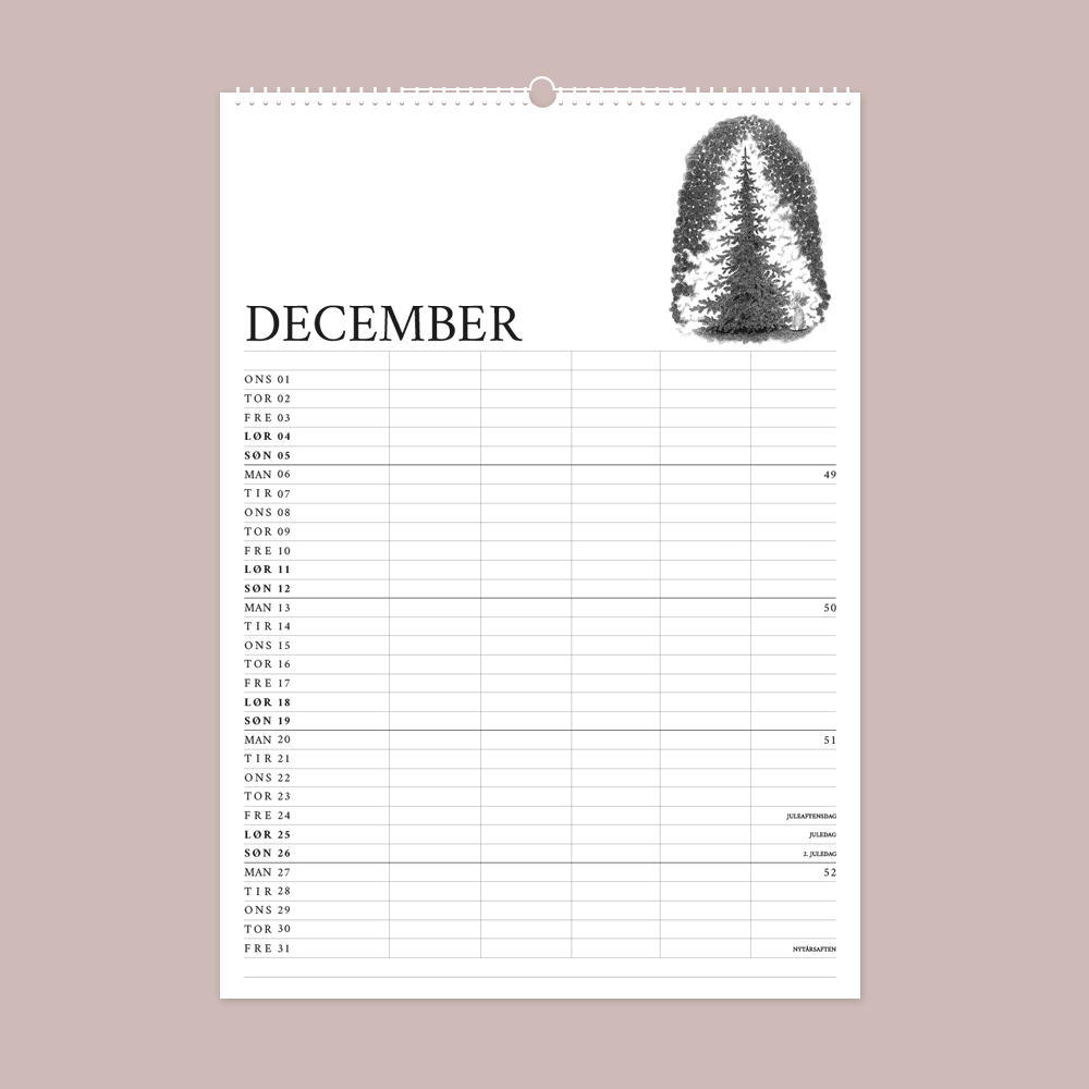2027 familiekalender. H. C. Andersens eventyr. 12 håndtegnede illustrationer af Bettina Lehmann. December - Grantræet