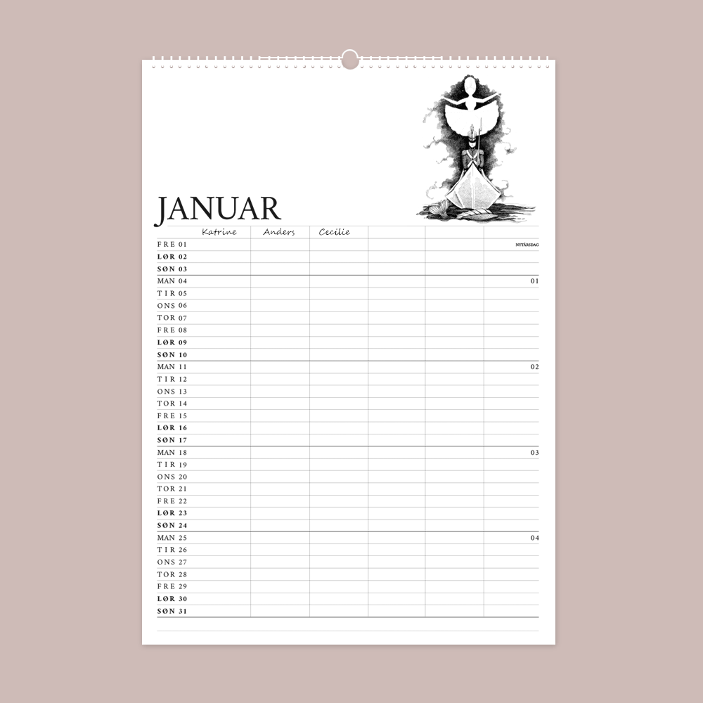 2027 familiekalender. H. C. Andersens eventyr. 12 håndtegnede illustrationer af Bettina Lehmann. Januar - Den standhaftige tinsoldat