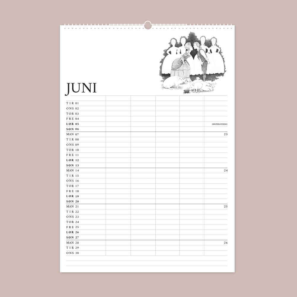 2027 familiekalender. H. C. Andersens eventyr. 12 håndtegnede illustrationer af Bettina Lehmann. Juni - Svinedrengen