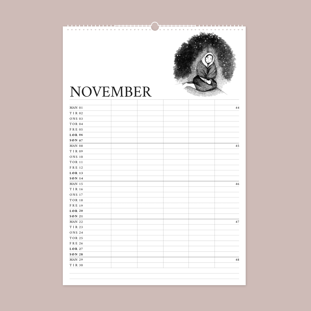 2027 familiekalender. H. C. Andersens eventyr. 12 håndtegnede illustrationer af Bettina Lehmann.  November - Pigen med svovlstikkerne