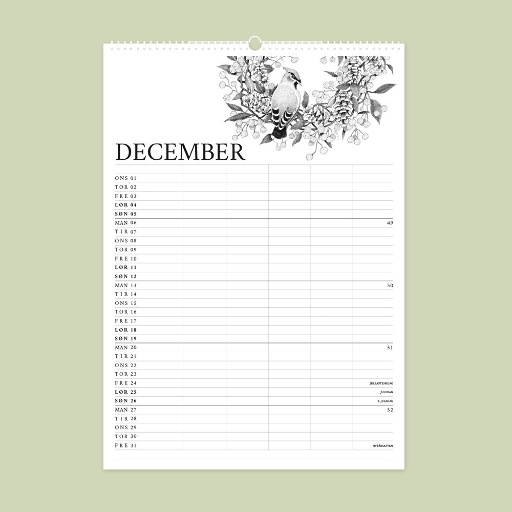 2027 familiekalender. Havens fugle. 12 håndtegnede illustrationer af Bettina Lehmann. Silkehaler