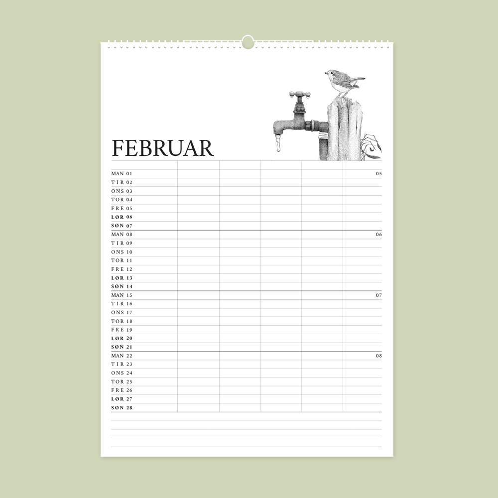 2027 familiekalender. Havens fugle. 12 håndtegnede illustrationer af Bettina Lehmann. Rødkælk