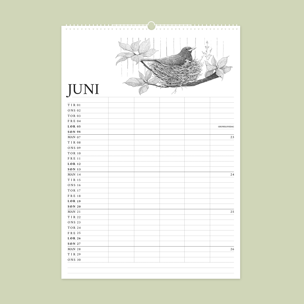 2027 familiekalender. Havens fugle. 12 håndtegnede illustrationer af Bettina Lehmann. Solsort